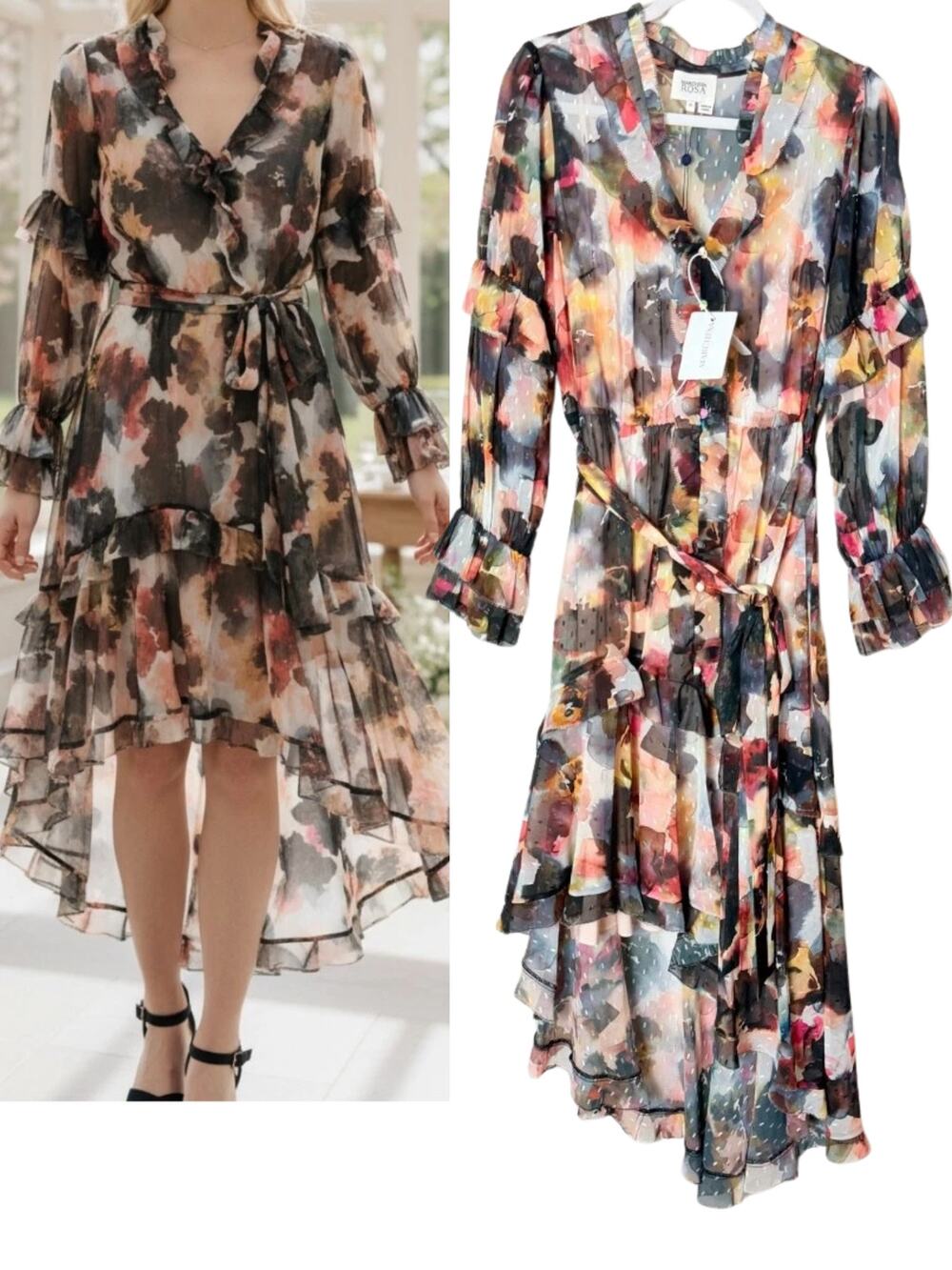 NWT Marchesa Notte Floral Dress 12 Wedding Guest Cocktail Evening Ruffle Midi
